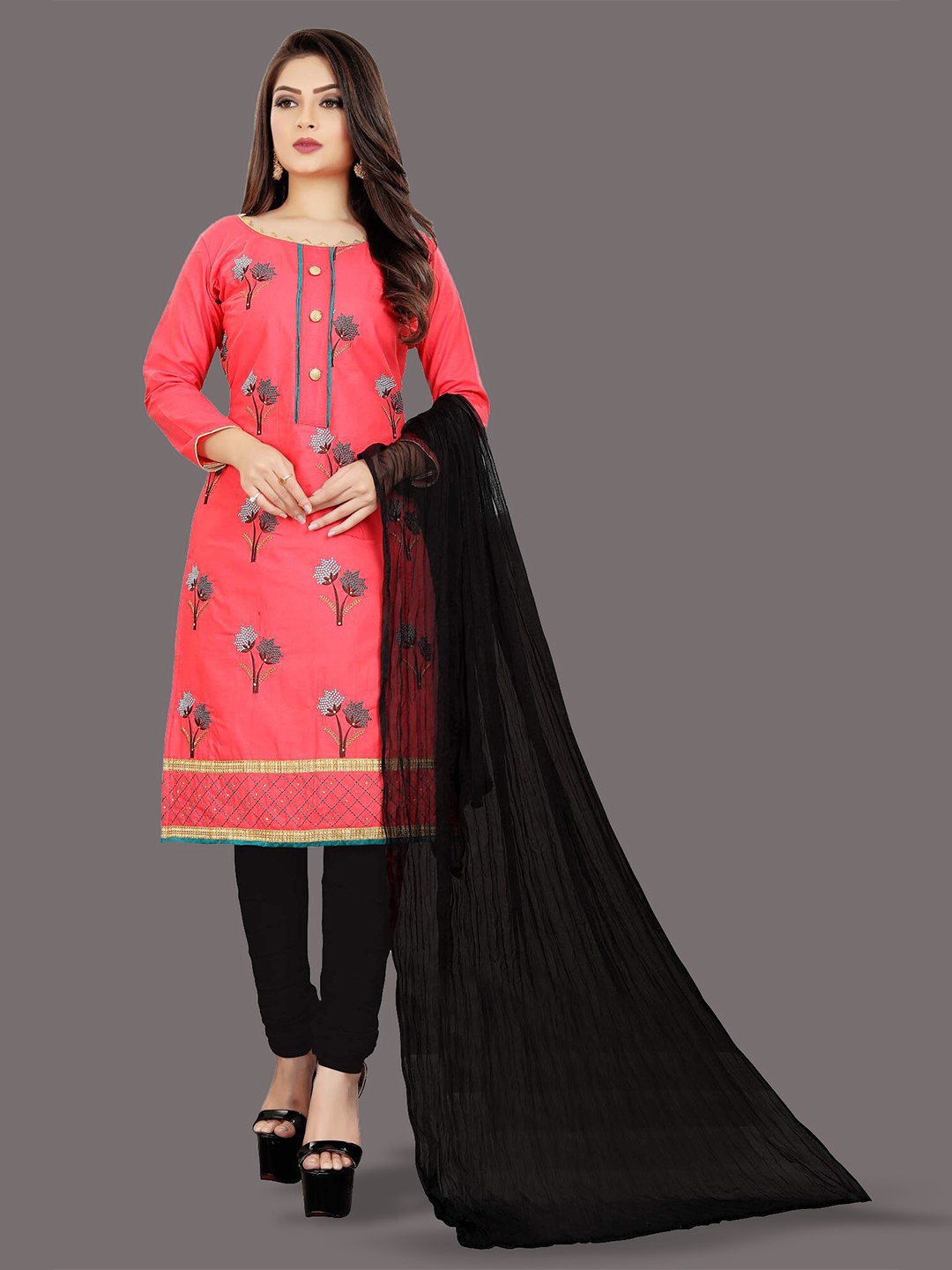 

APNISHA Floral Embroidered Unstitched Dress Material, Coral