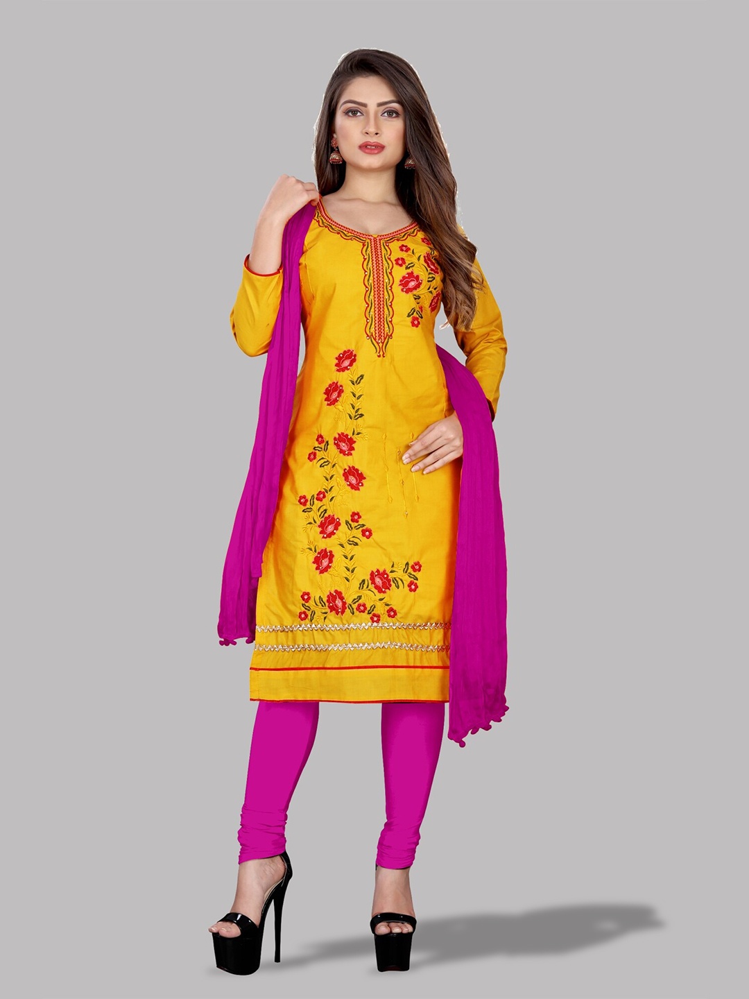 

APNISHA Floral Embroidered Unstitched Dress Material, Yellow