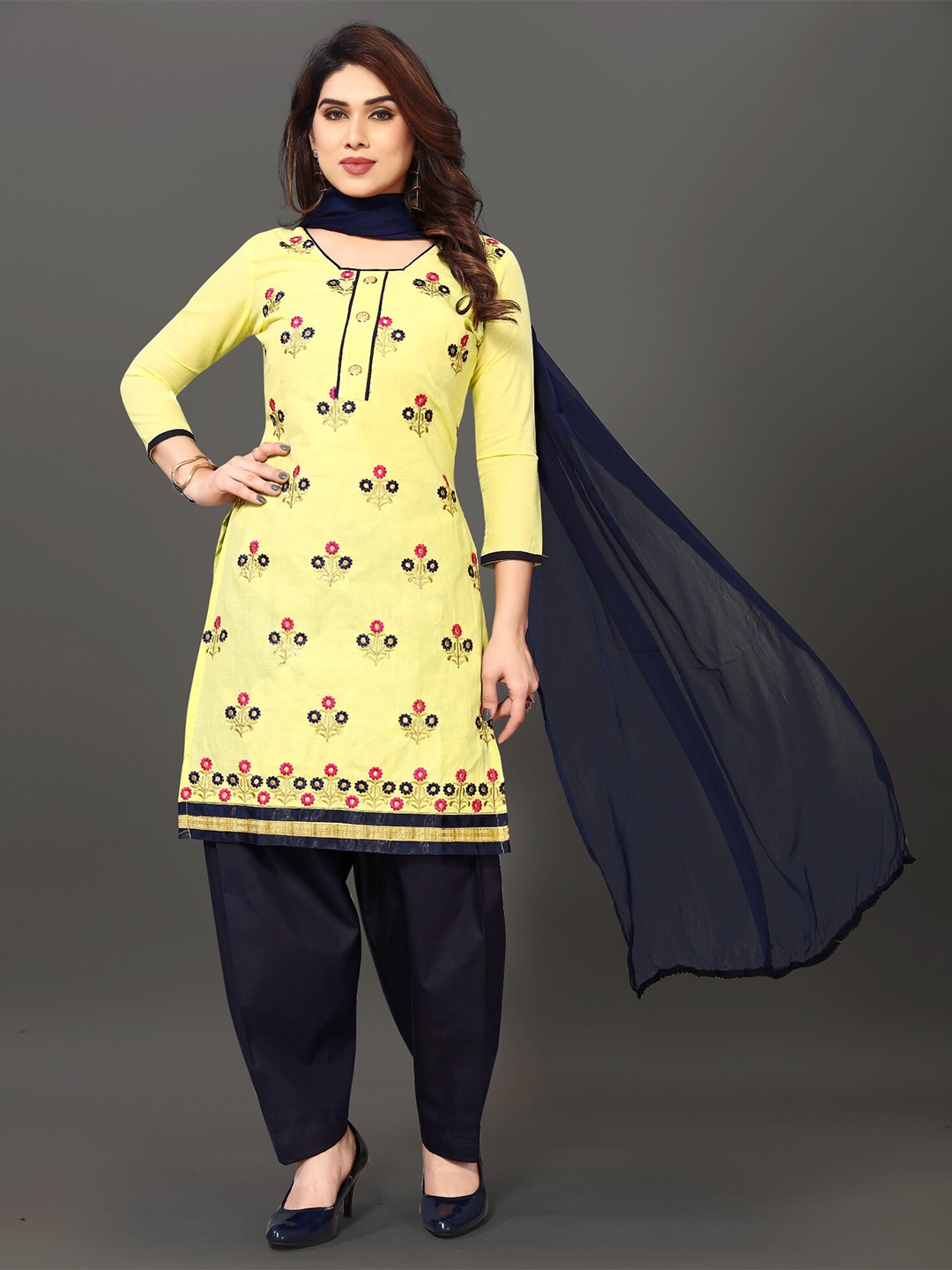 

APNISHA Floral Embroidered Unstitched Dress Material, Yellow