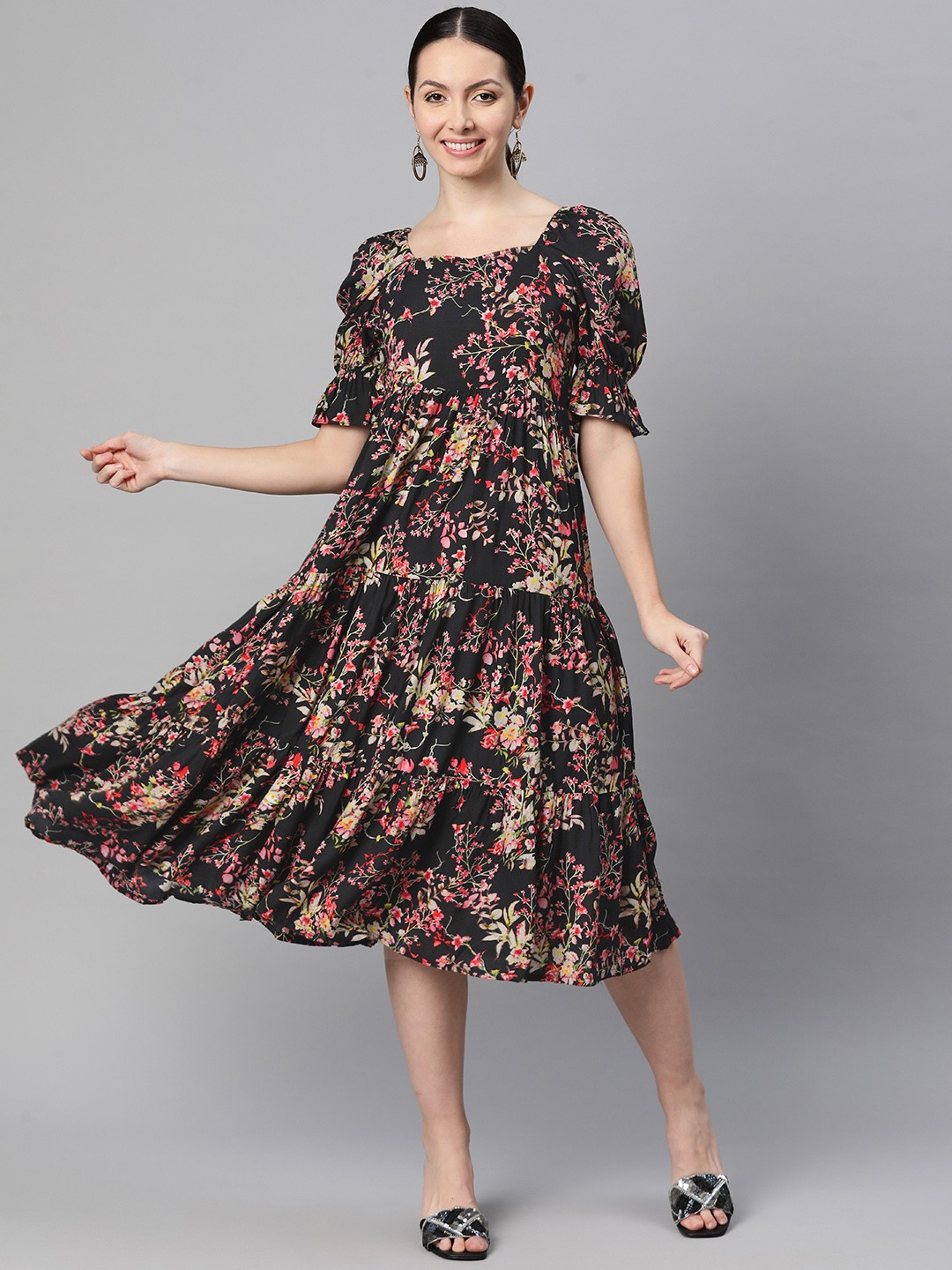 

Indibelle Floral Print Puff Sleeve A-Line Midi Dress, Black