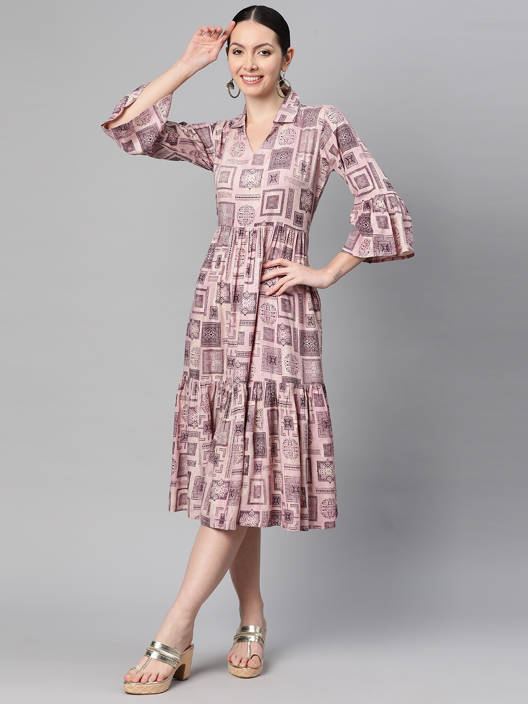 

Indibelle Bohemian Print Bell Sleeve A-Line Midi Dress, Pink