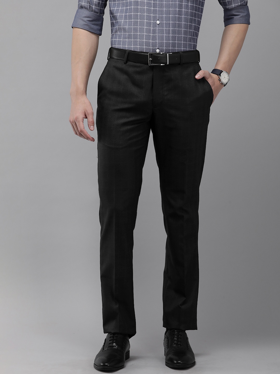 

Park Avenue Men Checked Tapered Fit Low-Rise Formal Trousers, Black