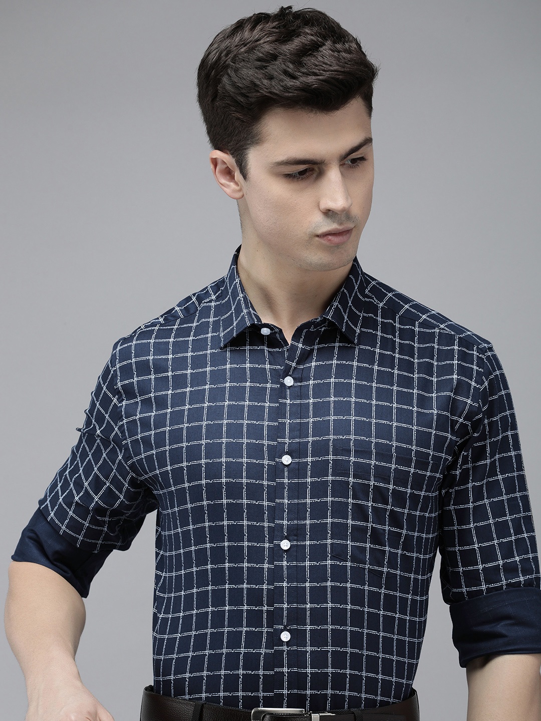 

Park Avenue Slim Fit Grid Tattersall Checks Pure Cotton Formal Shirt, Navy blue