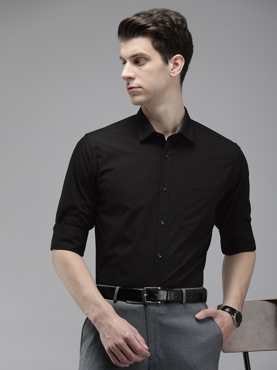 

Park Avenue Slim Fit Opaque Cutaway Collar Formal Shirt, Black