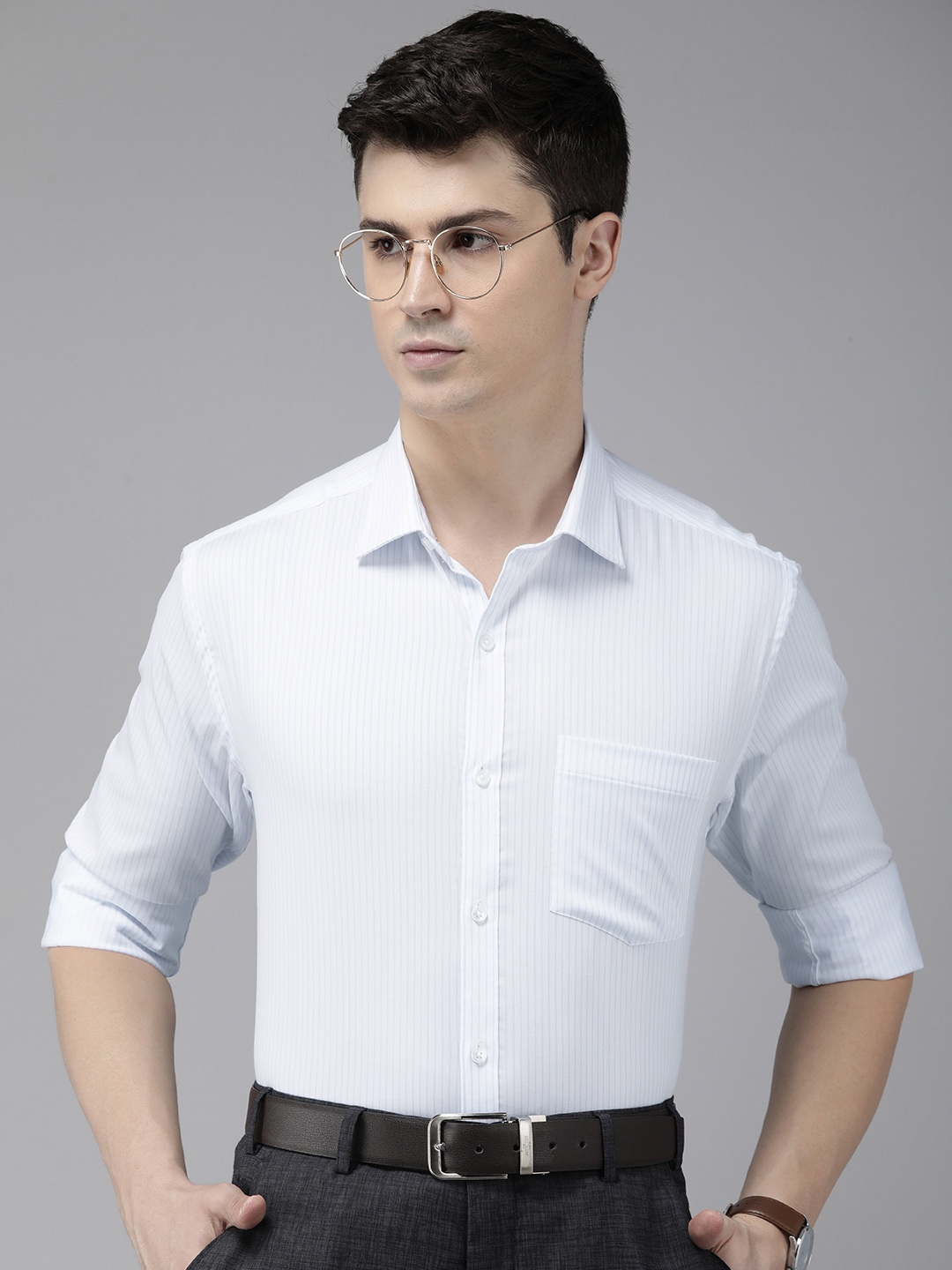 

Park Avenue Pure Cotton Slim Fit Opaque Striped Formal Shirt, Blue