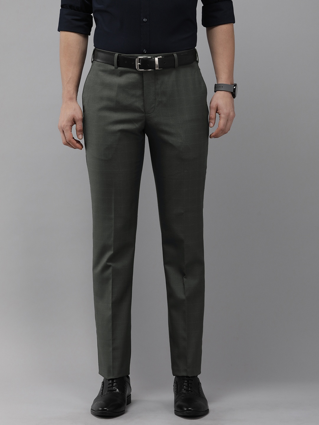 

Park Avenue Men Checked Smart Low-Rise Formal Trousers, Grey