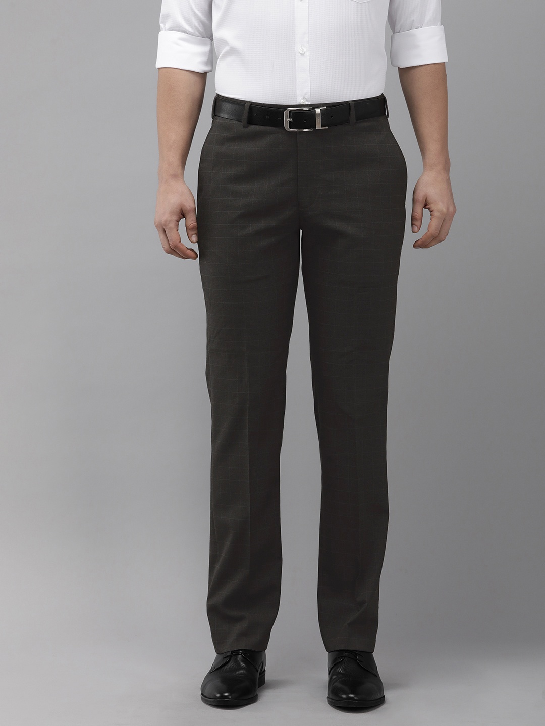 

Park Avenue Men Checked Tapered Fit Low-Rise Formal Trousers, Coffee brown