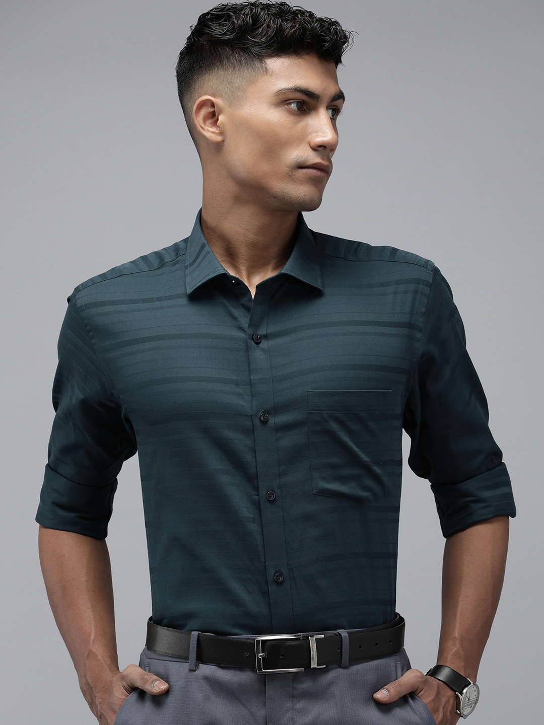 

Park Avenue Slim Fit Horizontal Stripes Pure Cotton Formal Shirt, Teal