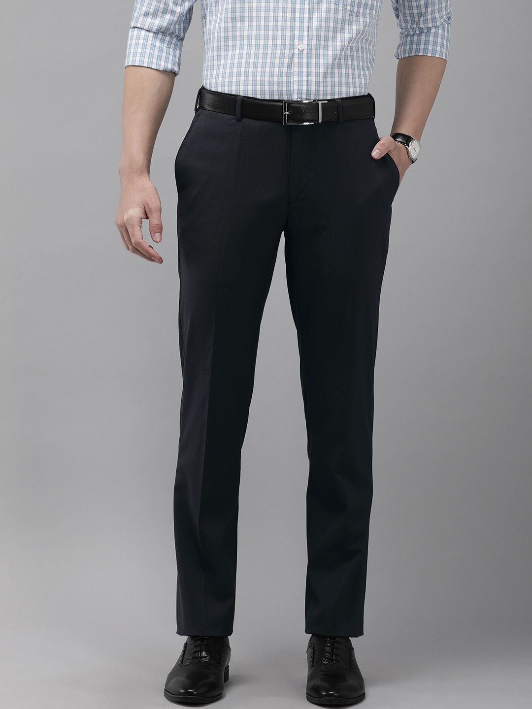 

Park Avenue Men Solid Smart Regular Fit Formal Trousers, Navy blue