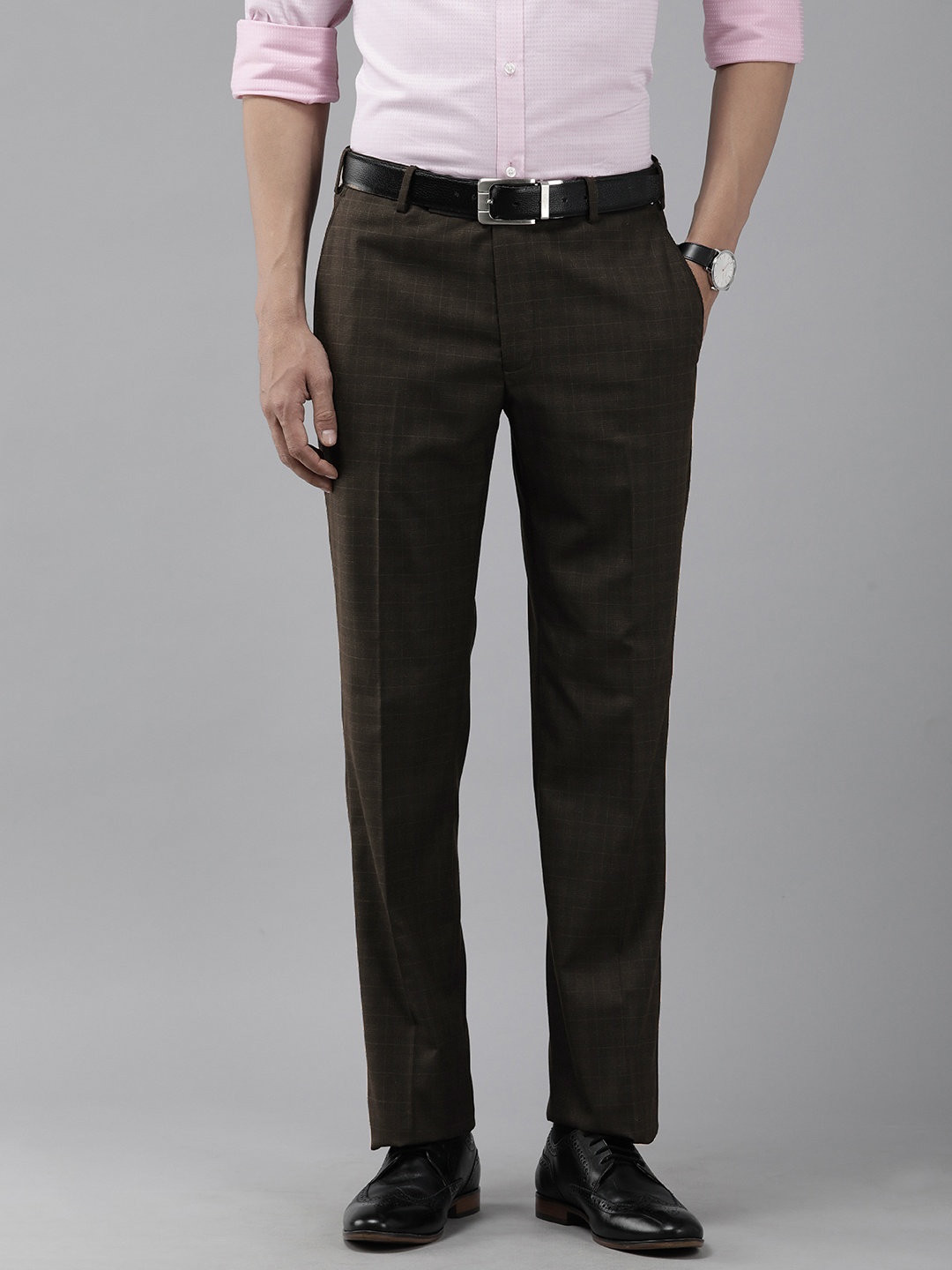 

Park Avenue Men Mid Rise Checked Smart Fit Formal Trousers, Brown