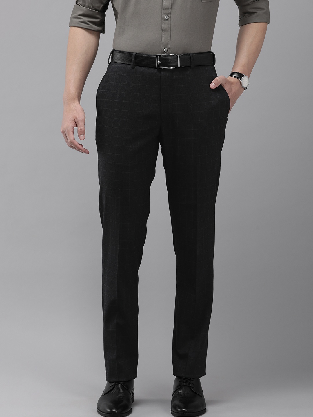 

Park Avenue Men Checked Mid-Rise Formal Trousers, Black