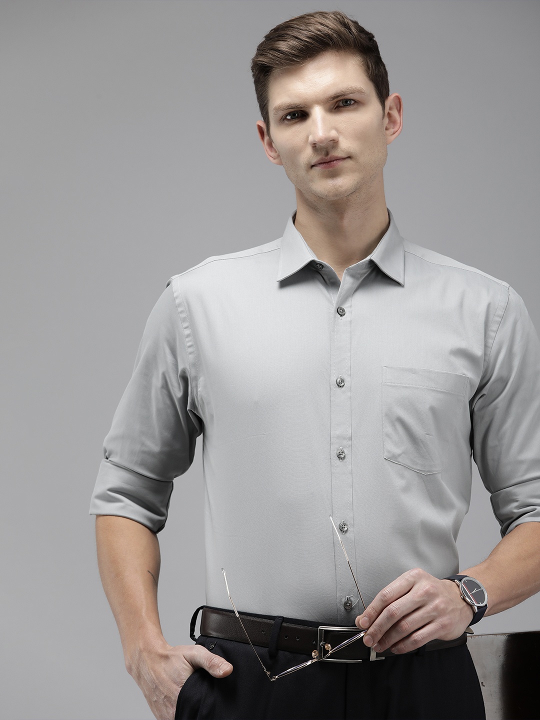 

Park Avenue Slim Fit Opaque Cutaway Collar Formal Shirt, Grey