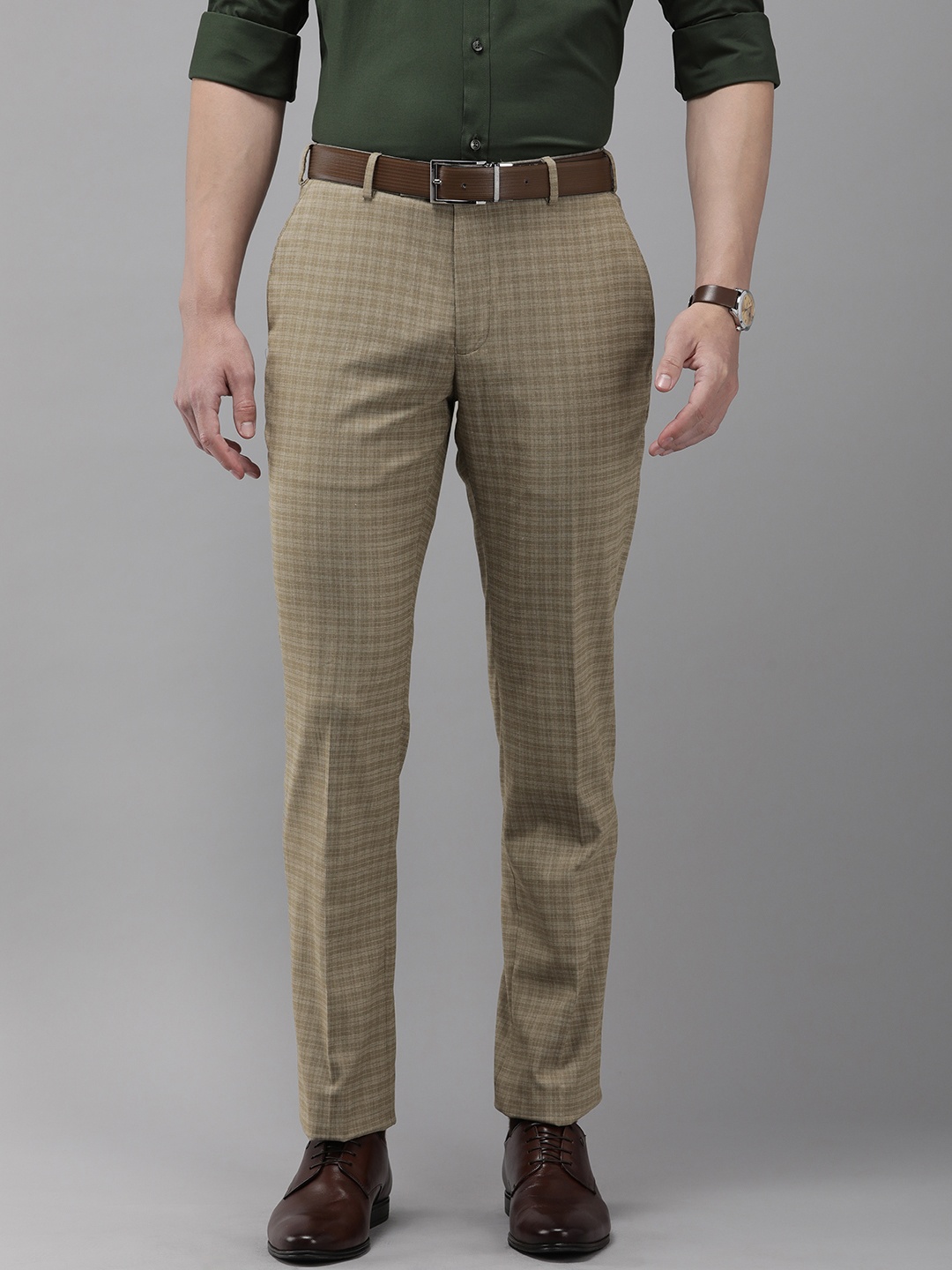 

Park Avenue Men Checked Mid-Rise Formal Trousers, Khaki