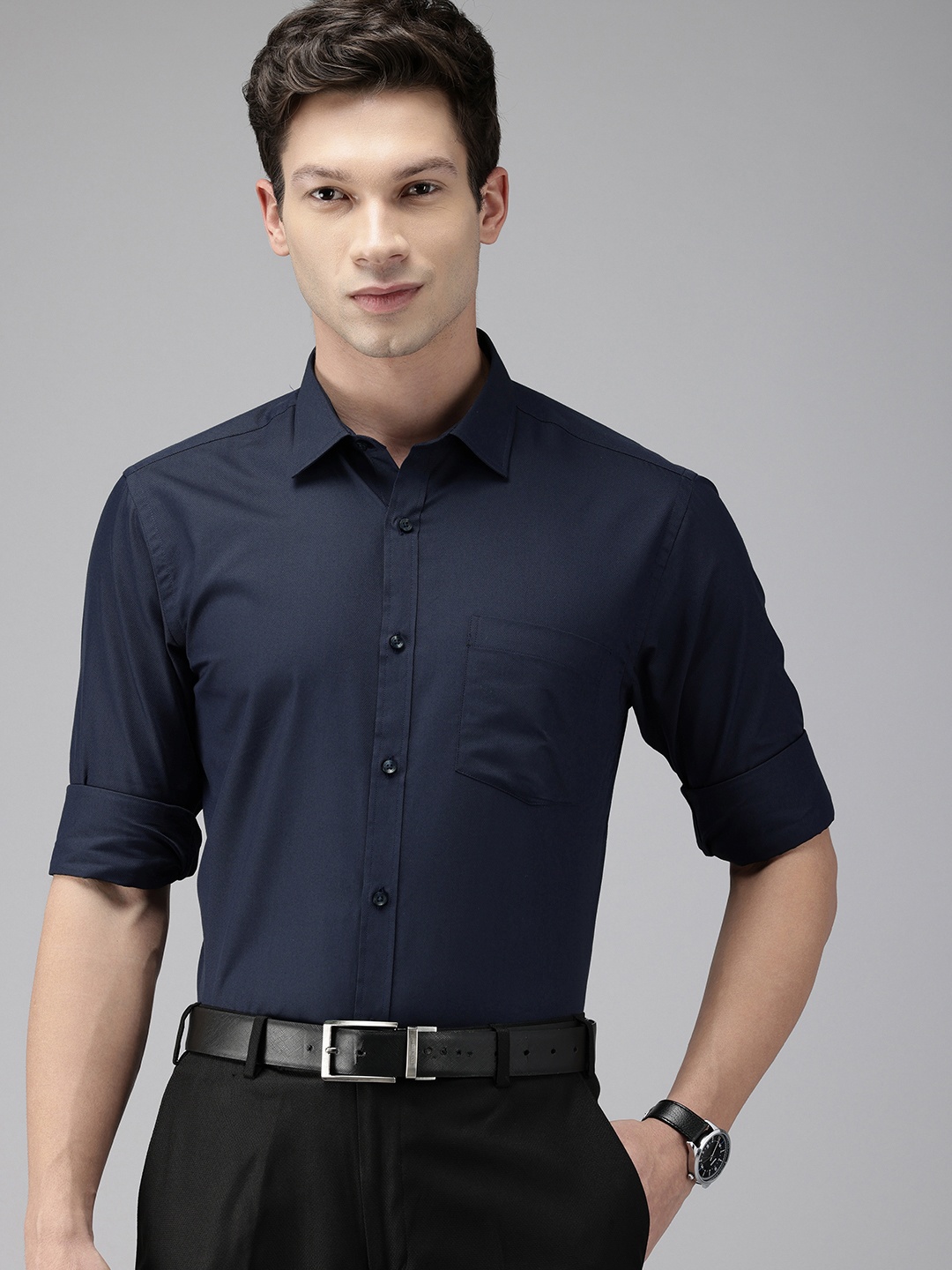 

Park Avenue Self Design Slim Fit Textured Formal Shirt, Navy blue