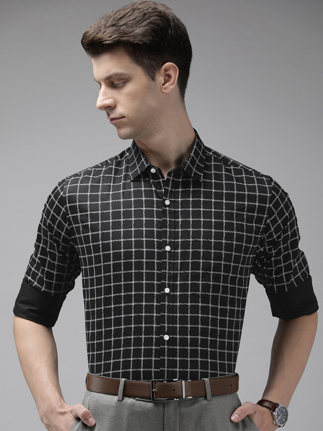 

Park Avenue Pure Cotton Slim Fit Checked Formal Shirt, Black