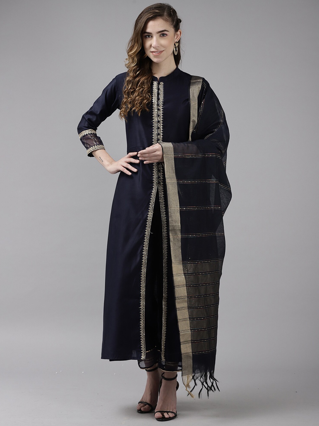 

Indo Era Navy Blue Embroidered Kurta with Trousers & Dupatta