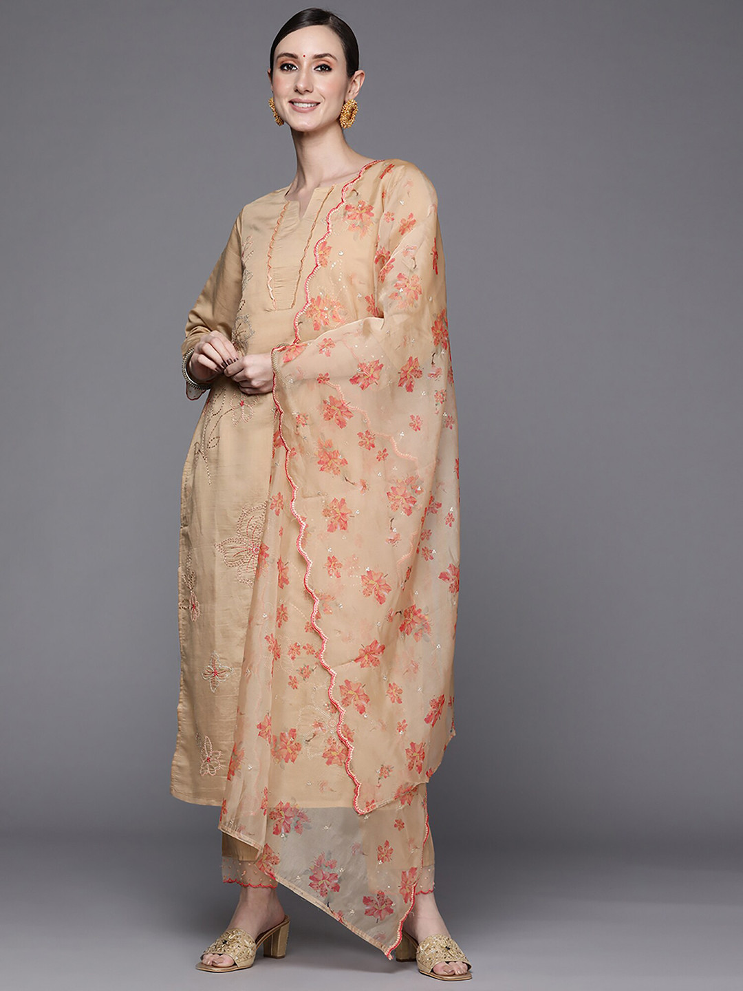 

Indo Era Beige Floral Embroidered Sequined Kurta with Trousers & Dupatta