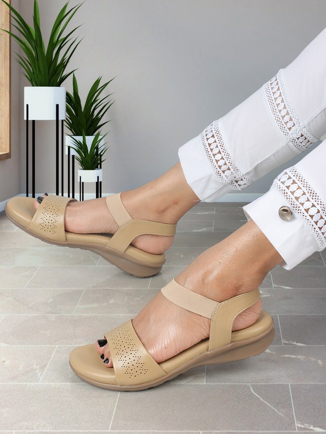 

ELLE Perforated Open Toe Flats, Cream