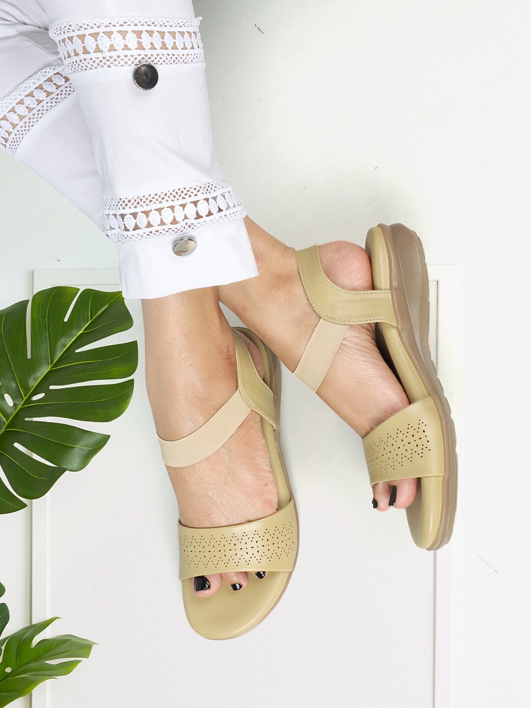 

ELLE Textured Open Toe Flats With Backstrap & Laser Cuts, Sea green