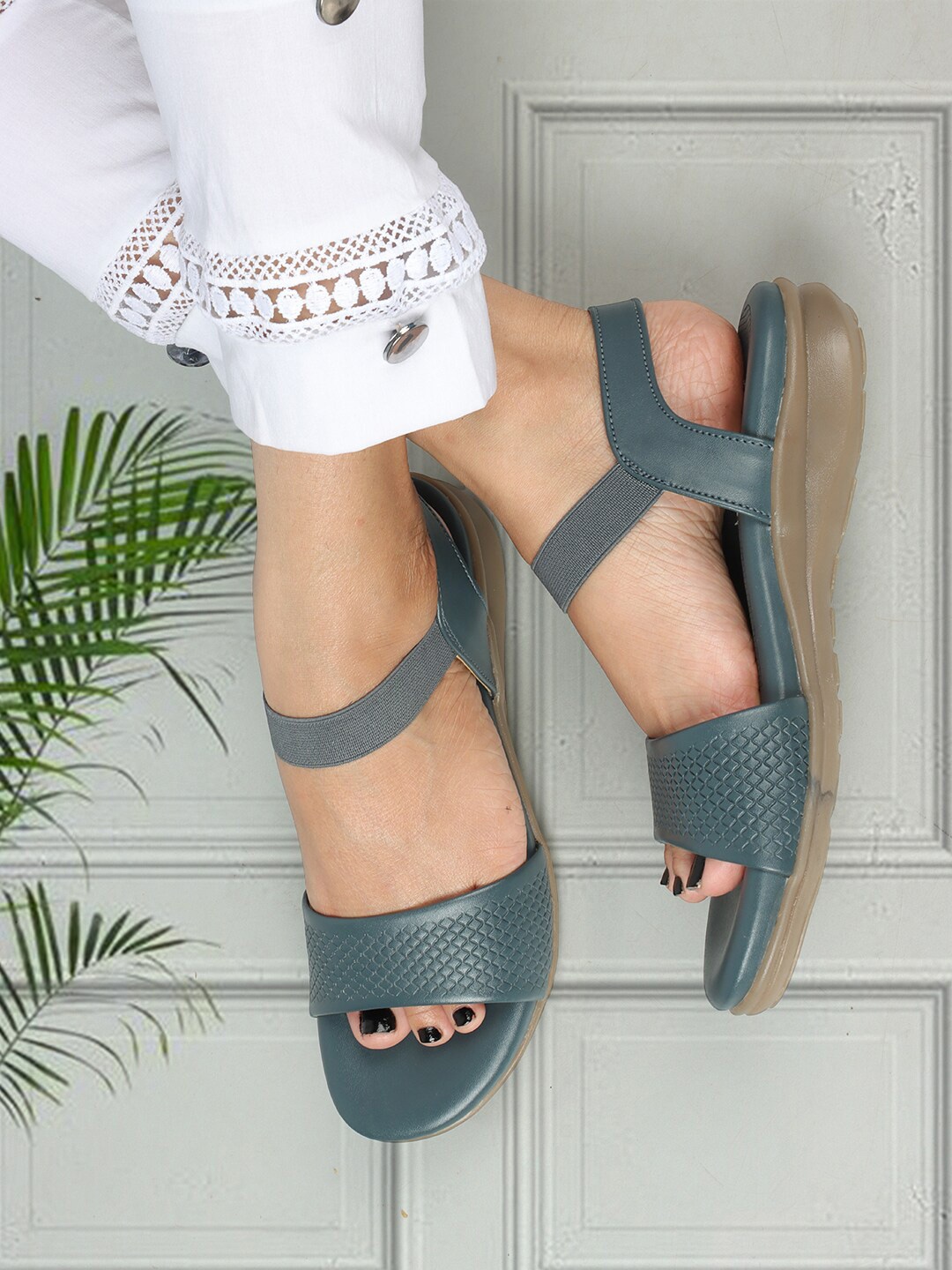 

ELLE Textured Open Toe Flats, Grey