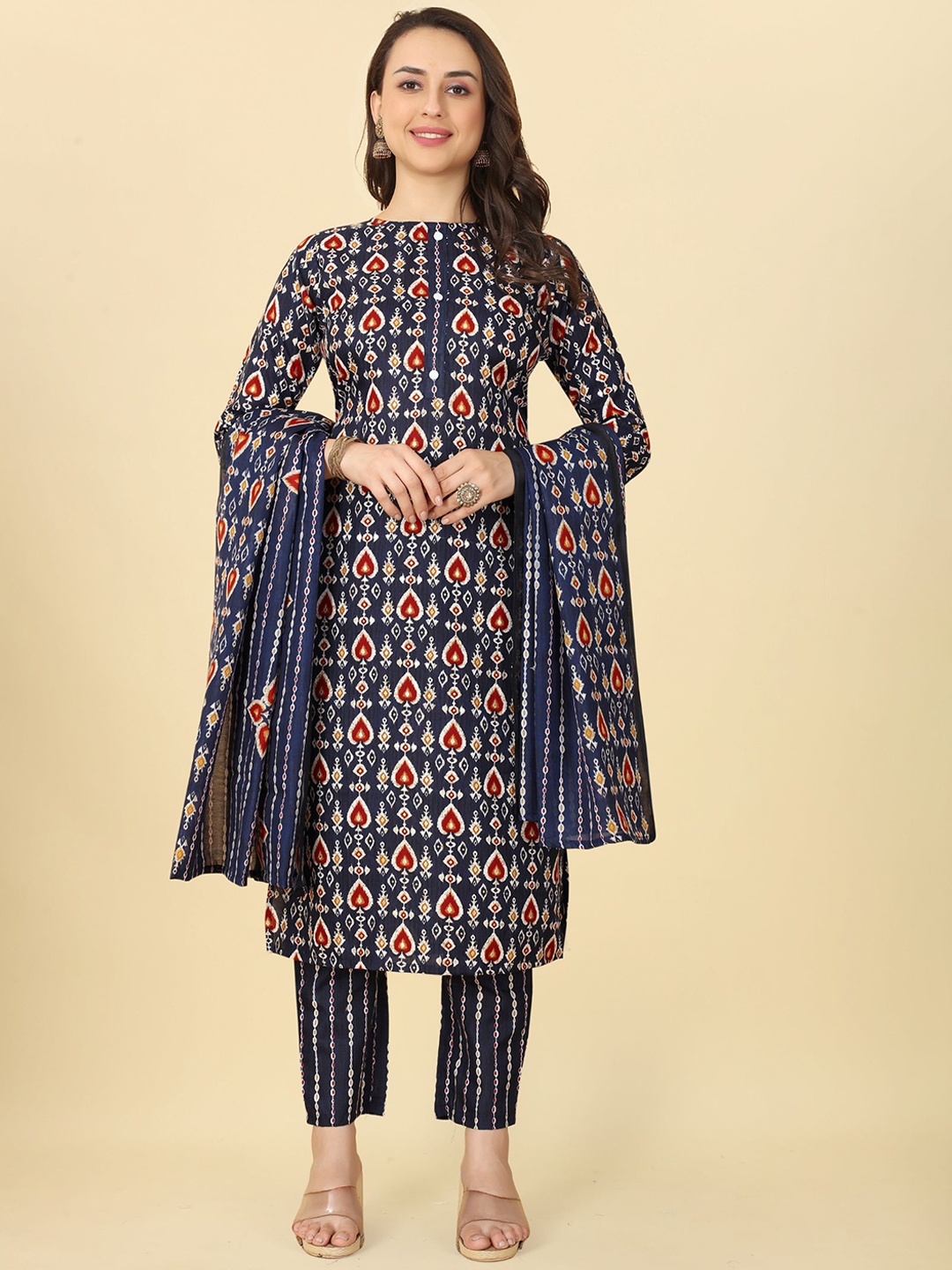 

KALINI Ethnic Motifs Printed Kurta & Trousers With Dupatta, Navy blue