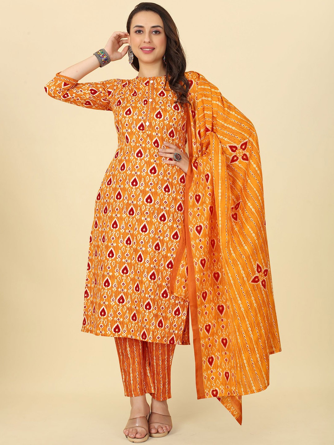 

KALINI Ethnic Motifs Printed Kurta & Trousers With Dupatta, Yellow