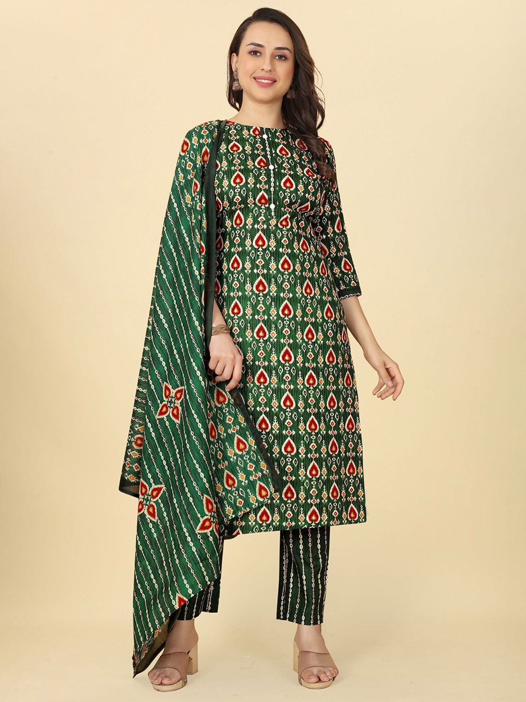 

KALINI Ethnic Motifs Printed Round Neck Regular Kurta With Trousers & Dupatta, Green