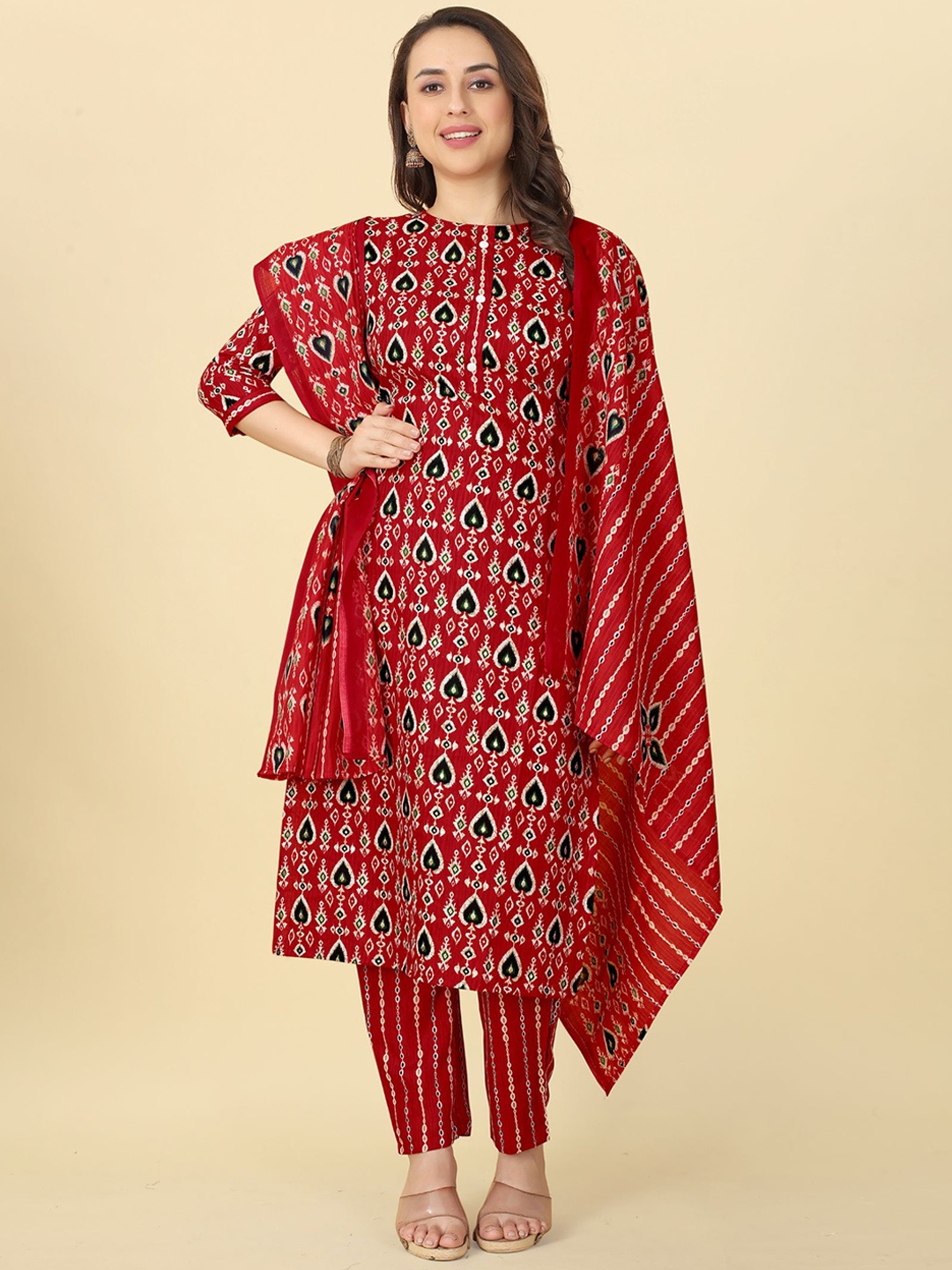 

KALINI Ethnic Motifs Printed Round Neck Regular Kurta With Trousers & Dupatta, Maroon