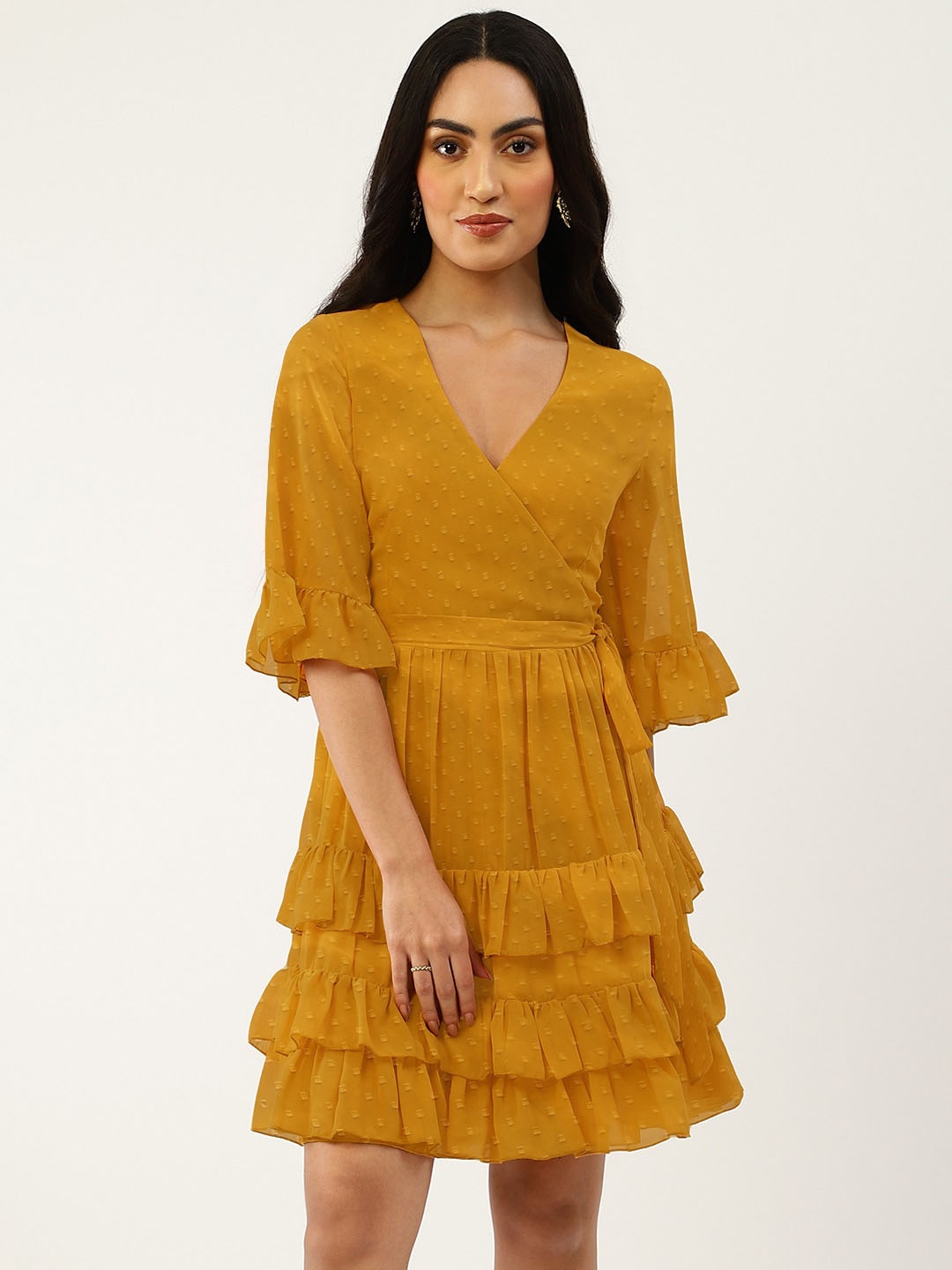

TRENDY DIVVA Self Design V-Neck Bell Sleeve Layered & Tie Up Wrap Dress, Mustard