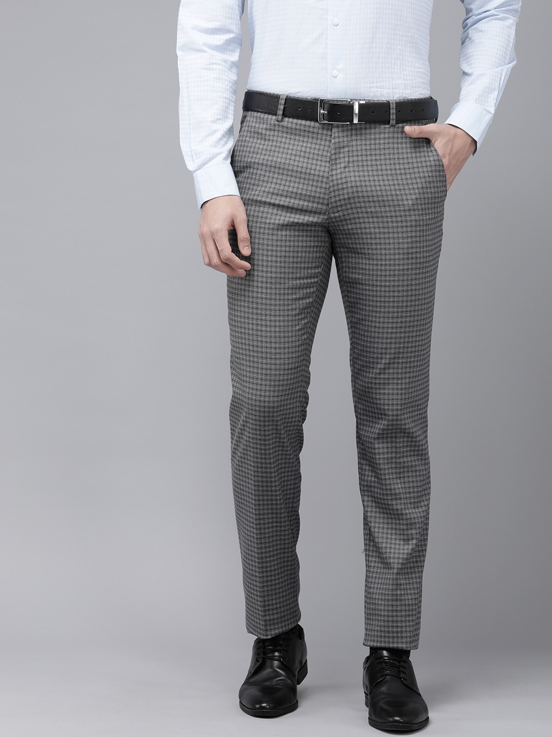 

Van Heusen Men Checked Slim Fit Mid-Rise Formal Trousers, Grey