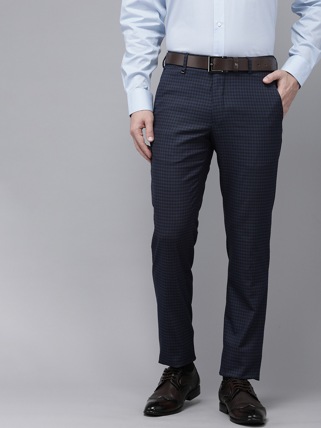 

Van Heusen Men Checked Slim Fit Mid-Rise Formal Trousers, Navy blue
