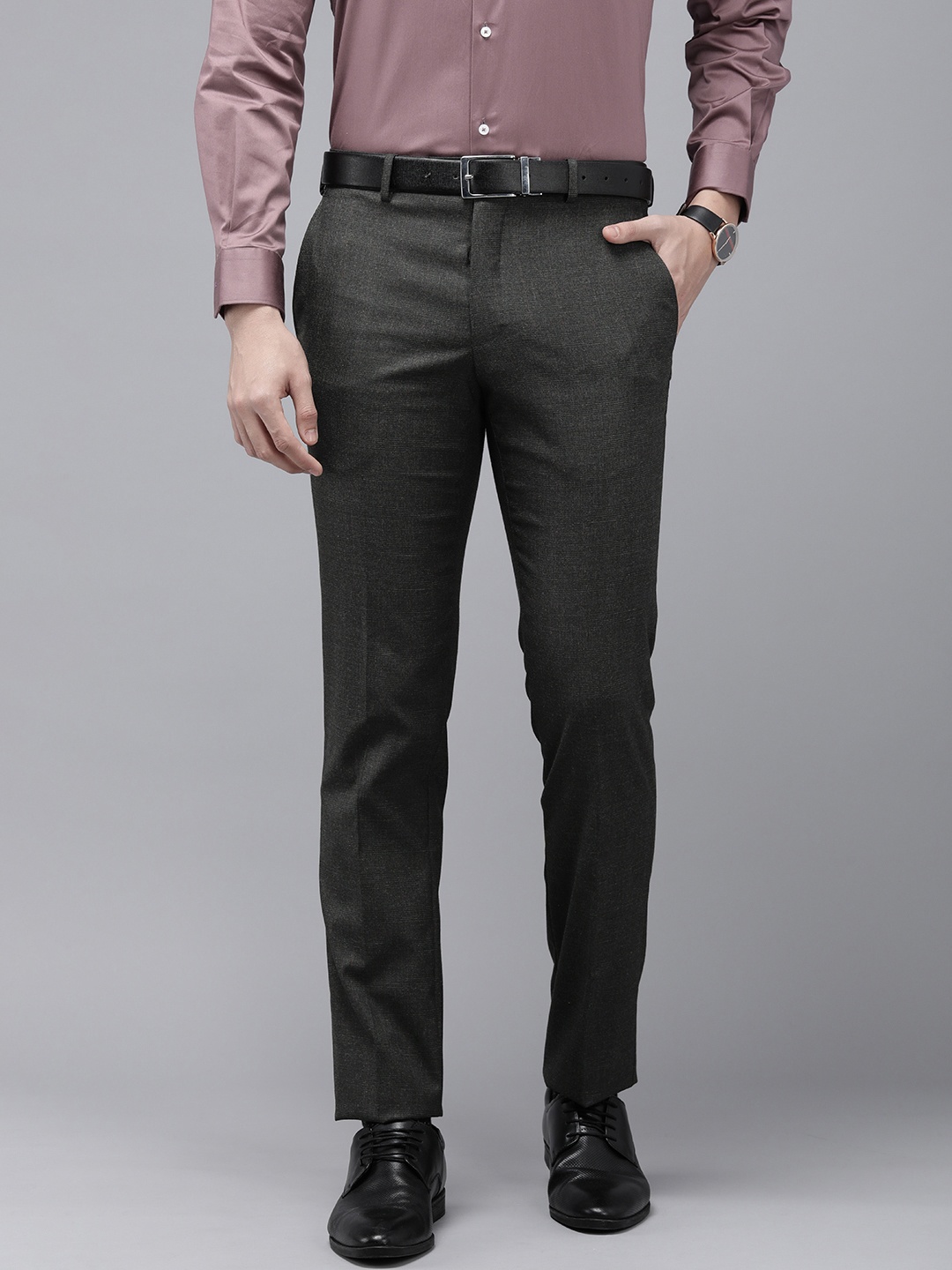 

Van Heusen Men Checked Slim Fit Formal Trousers, Grey