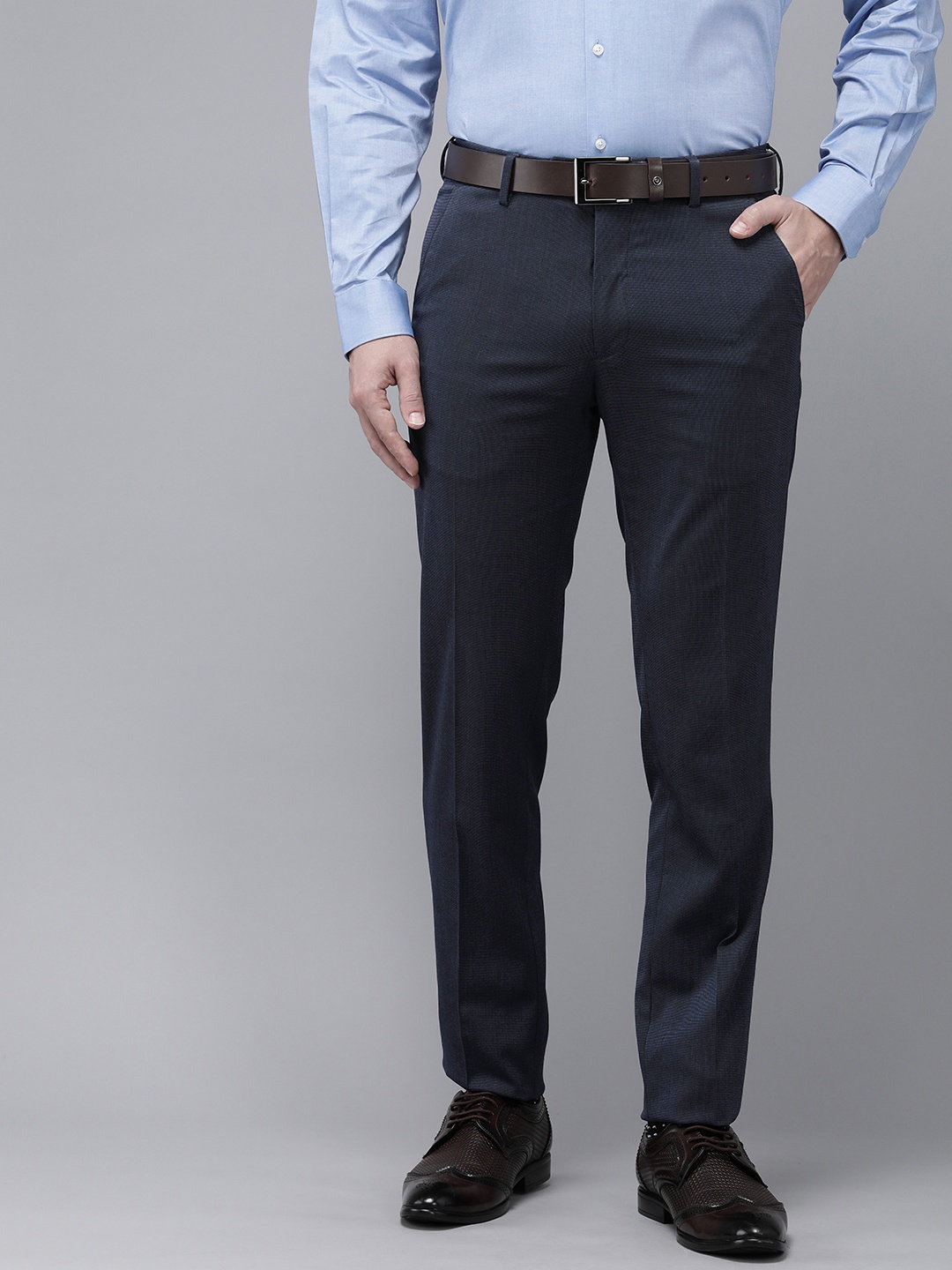 

Van Heusen Men Textured Slim Fit Formal Trousers, Navy blue