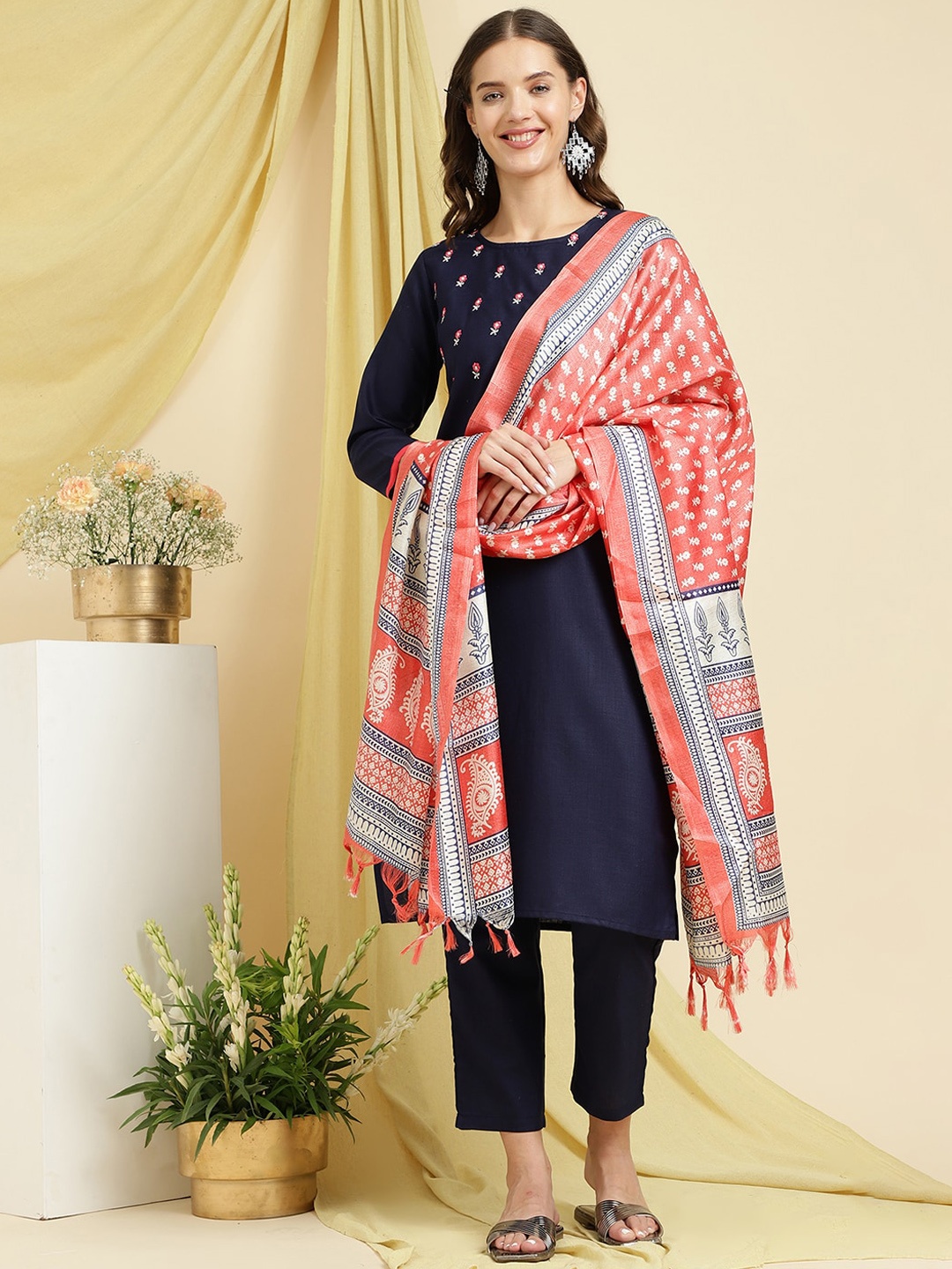 

Be Indi Floral Yoke Design Cotton Kurta Set with Trouser & Dupatta, Navy blue