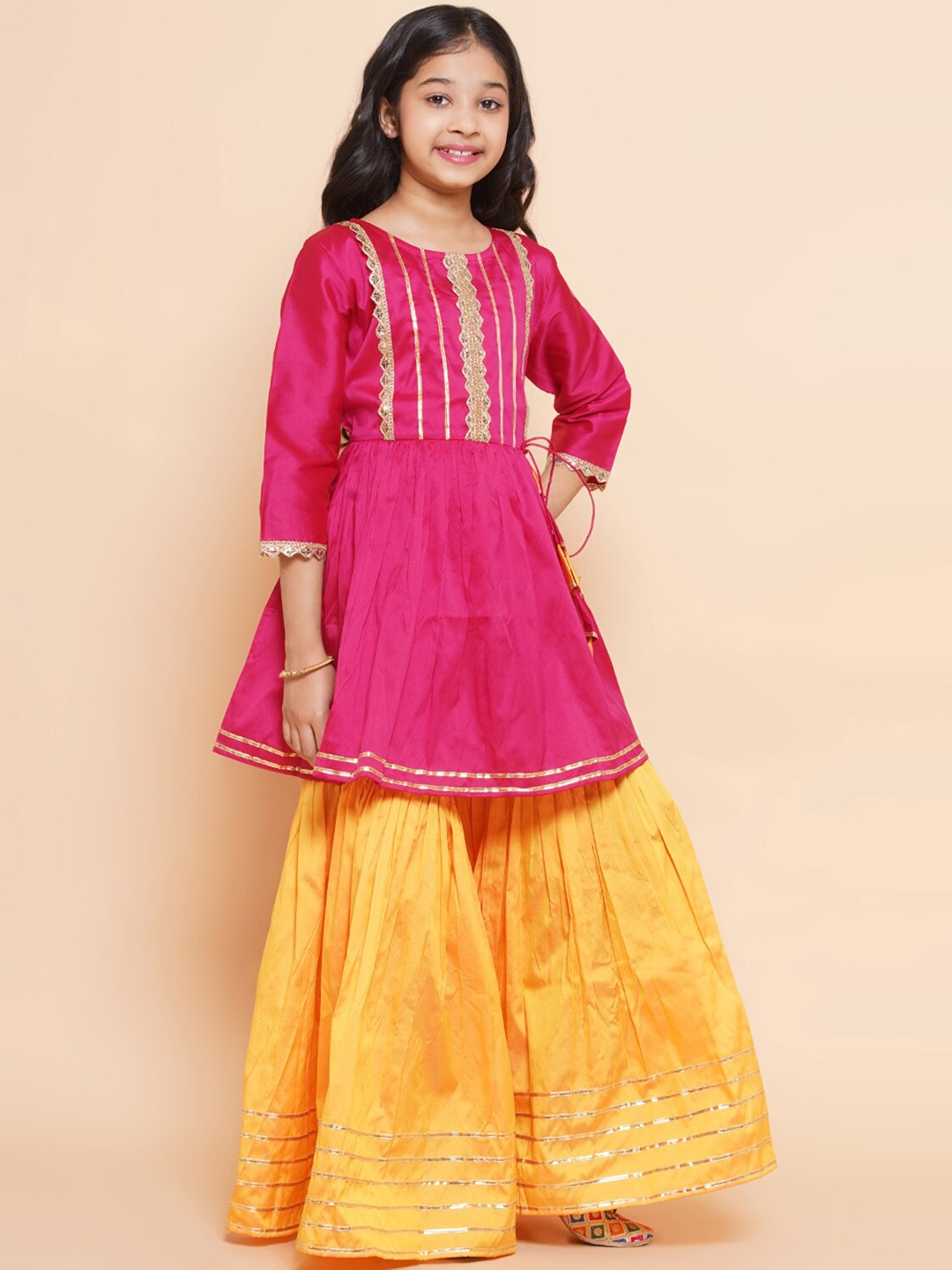 

Modish Couture Girls Yoke & Border Gotta Patti Anarkali Kurta & Sharara With Dupatta, Pink