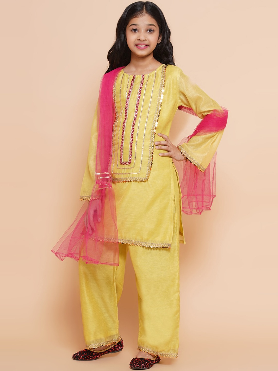 

Modish Couture Girls Gotta Patti Anarkali Kurta & Palazzos With Dupatta, Yellow