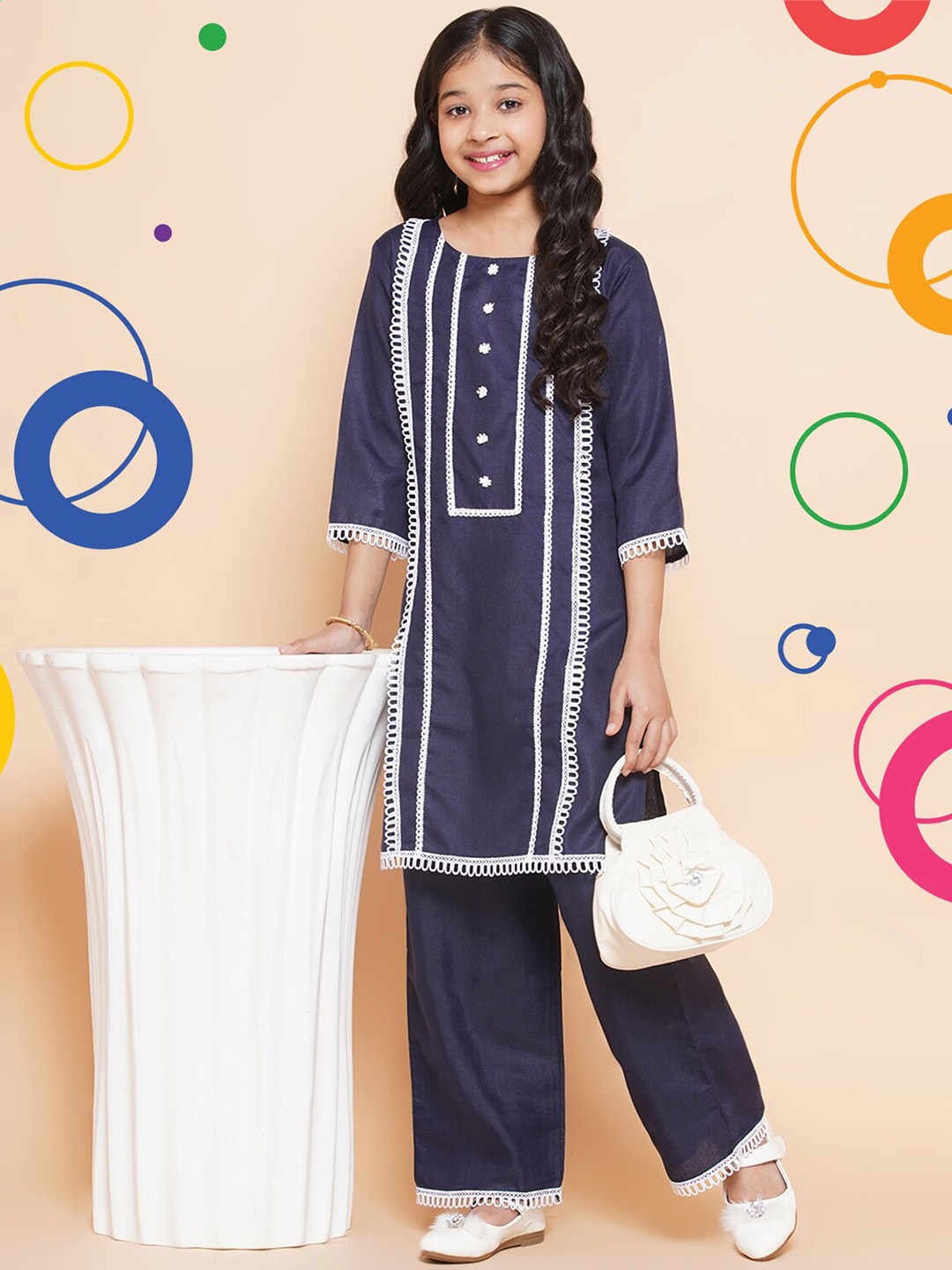 

Modish Couture Girls Embroidered Thread Work Pure Cotton Straight Kurta With Palazzos, Navy blue