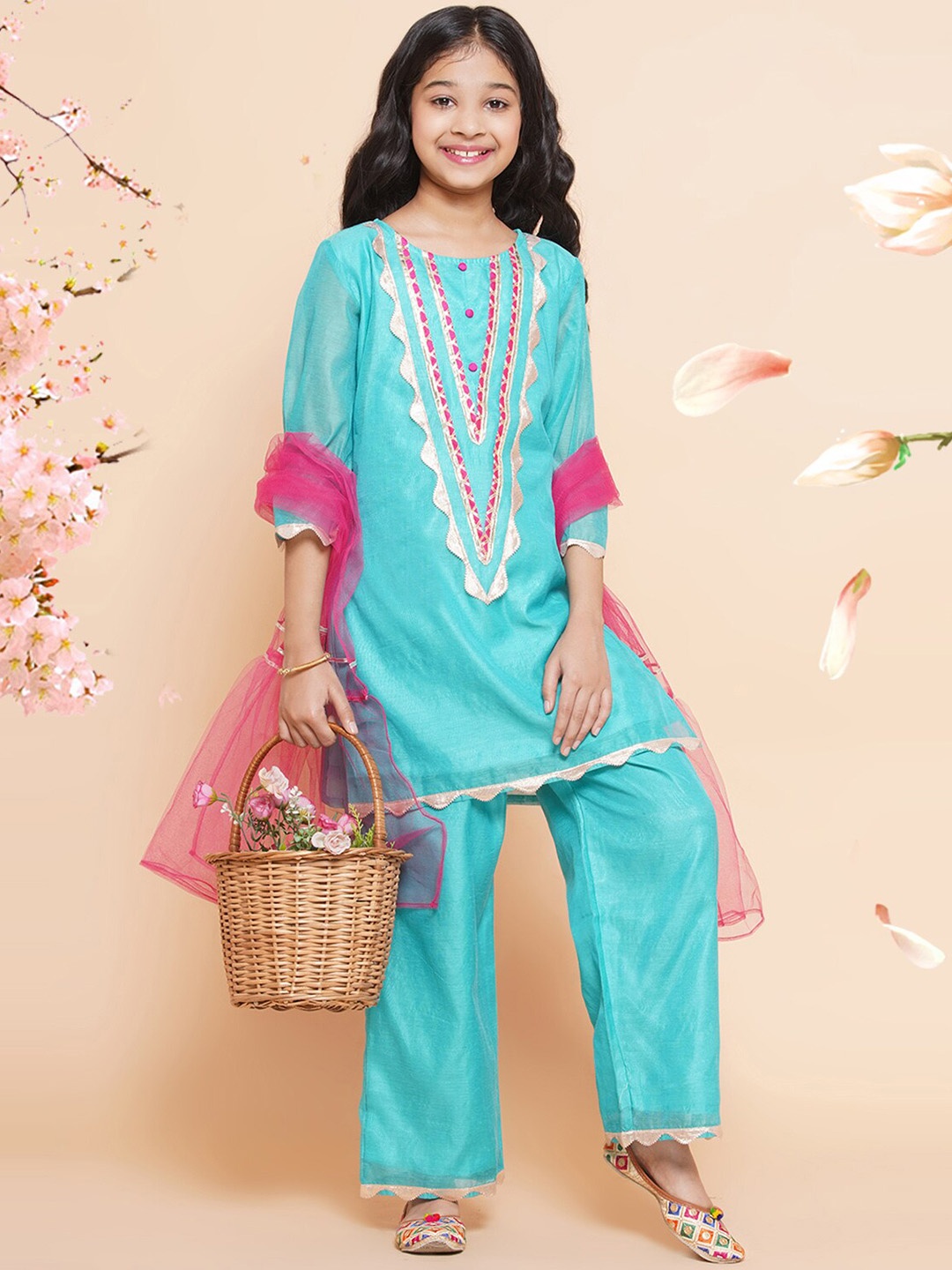 

Modish Couture Gotta Patti Chanderi Cotton Kurta with Palazzos & Dupatta, Turquoise blue