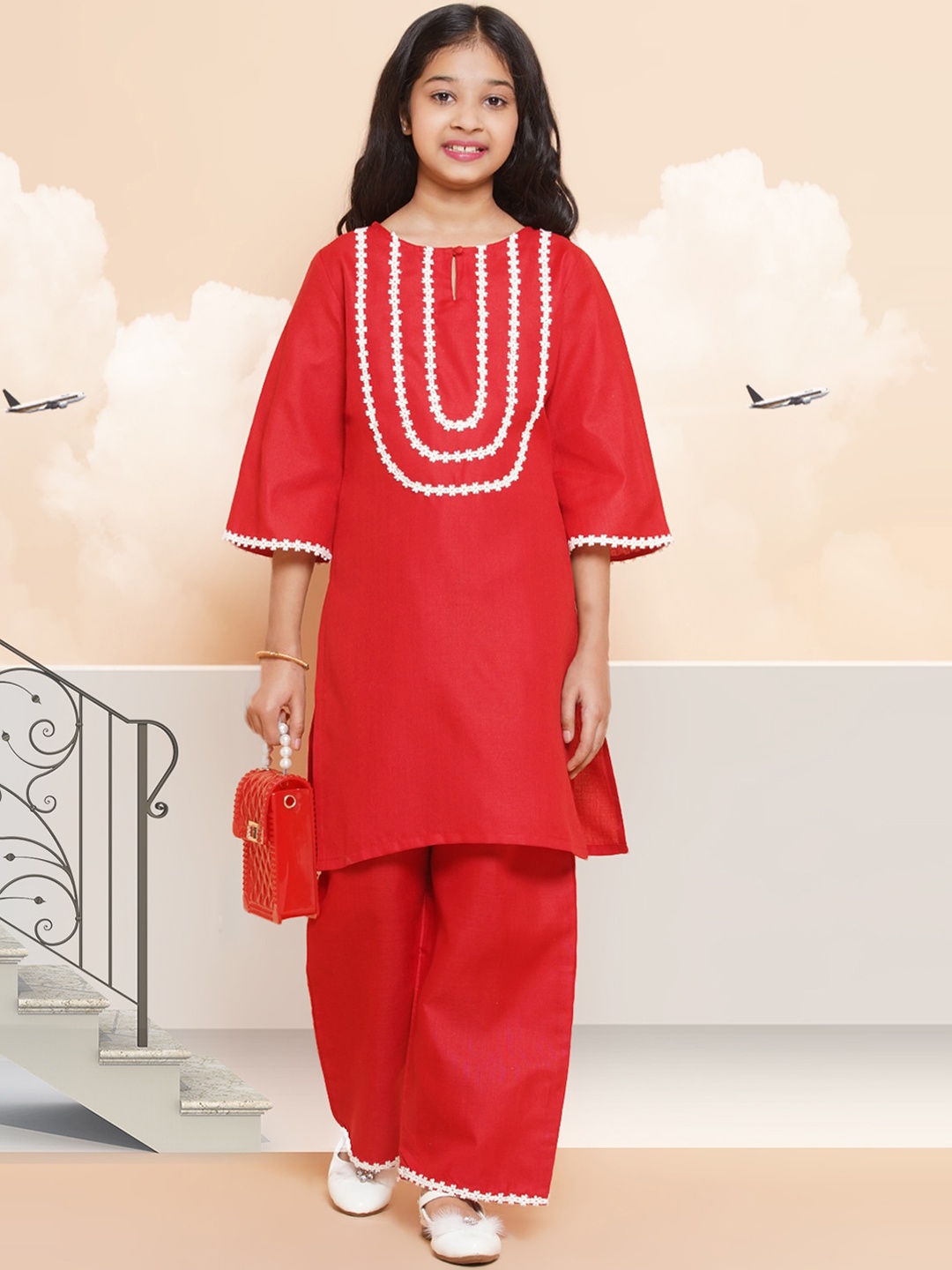 

Modish Couture Keyhole Neck Lace Detail Pure Cotton Kurta with Palazzos, Red