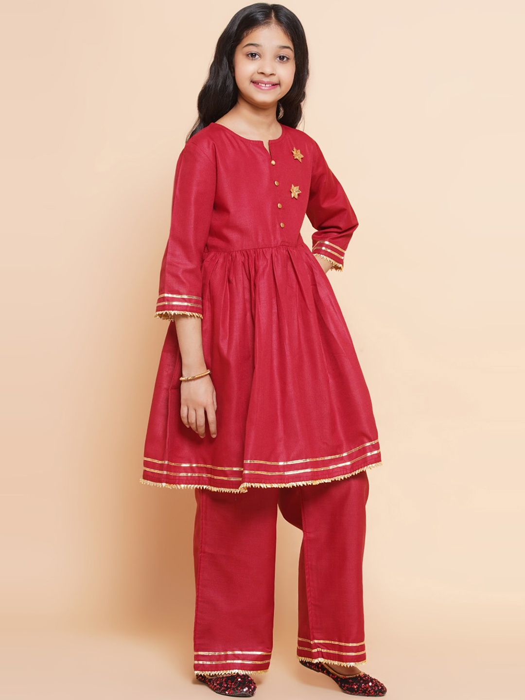 

Modish Couture Girls Gotta Patii Pure Cotton Anarkali Kurta With Palazzos, Maroon