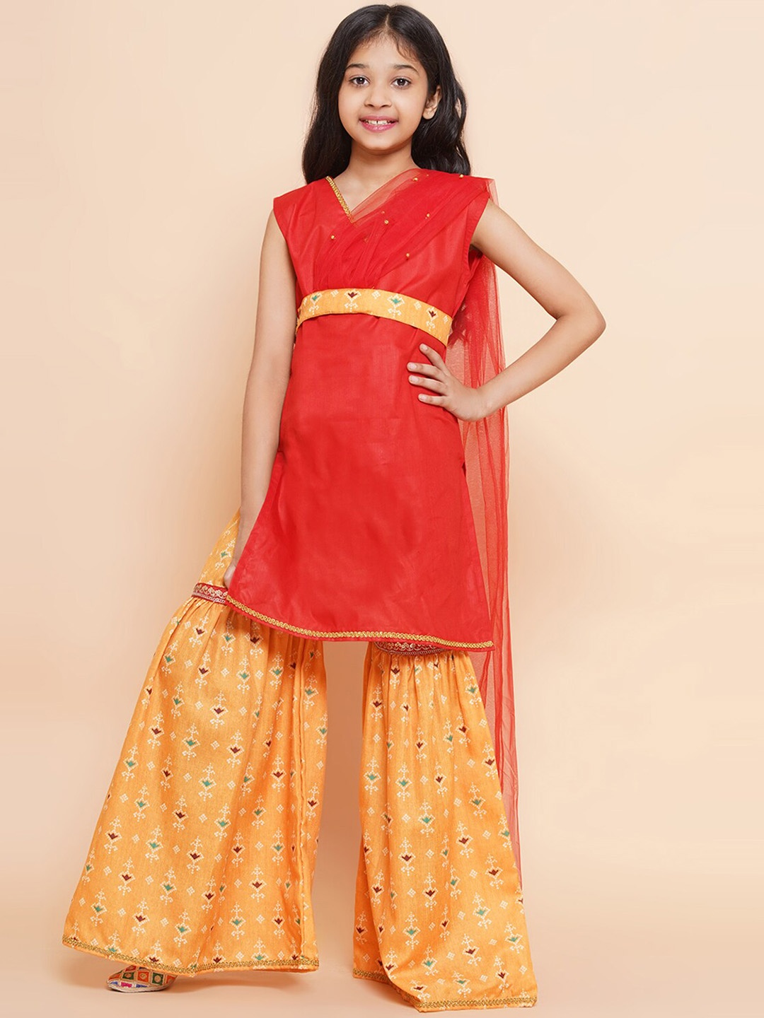 

Modish Couture Girls V Neck Gotta Patti Straight Kurta & Sharara With Dupatta, Red