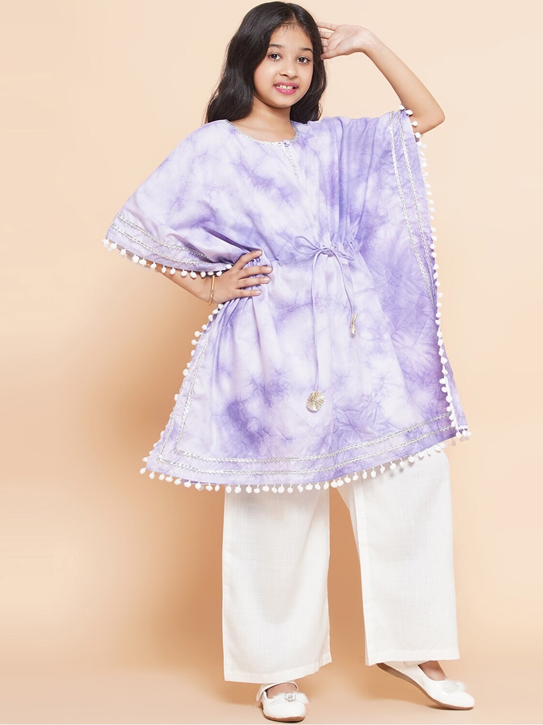 

Modish Couture Girls Ombre Dyed Gotta Patti Pure Cotton Indigo Kaftan Kurta With Palazzos, Purple