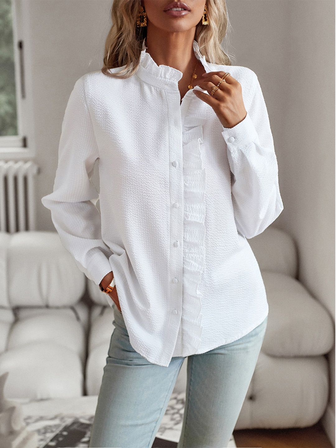 

BoStreet White Mandarin Collar Shirt Style Top