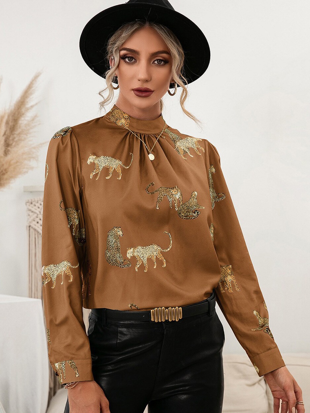 

BoStreet Brown Conversational Printed High Neck Top