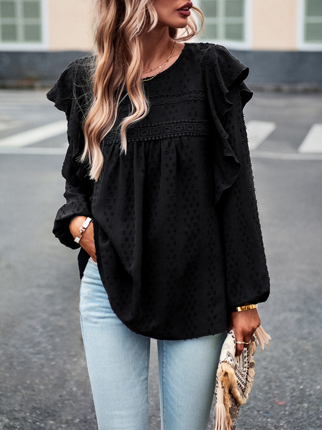 

BoStreet Black Self Design Puff Sleeves Lace Inserts Detail Top
