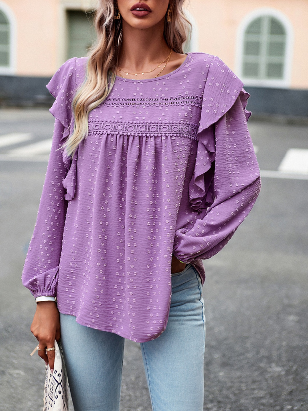 

BoStreet Lavender Self Design Puff Sleeves Lace Inserts Detail Top