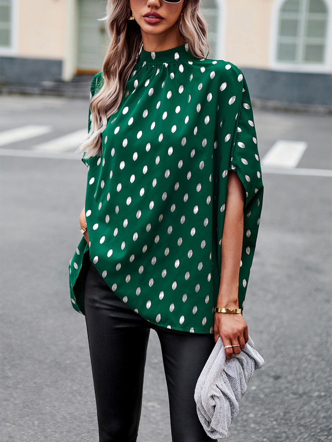 

BoStreet Green Polka Dots Printed High Neck A-Line Top