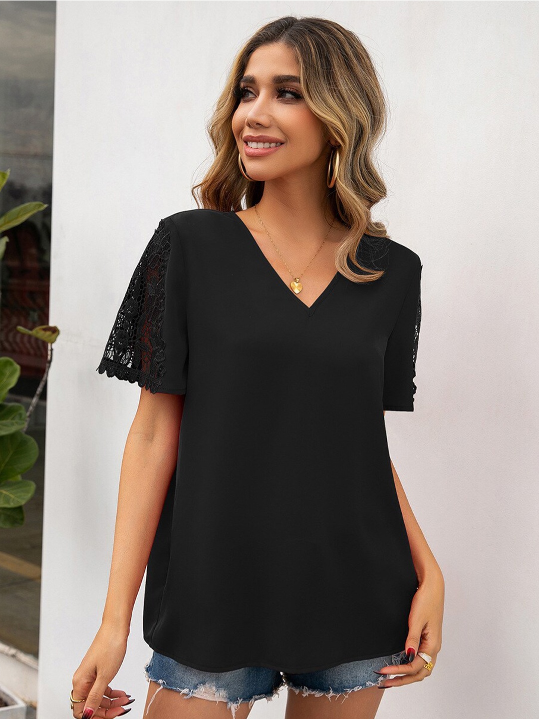 

BoStreet Black Self Design V-Neck Top