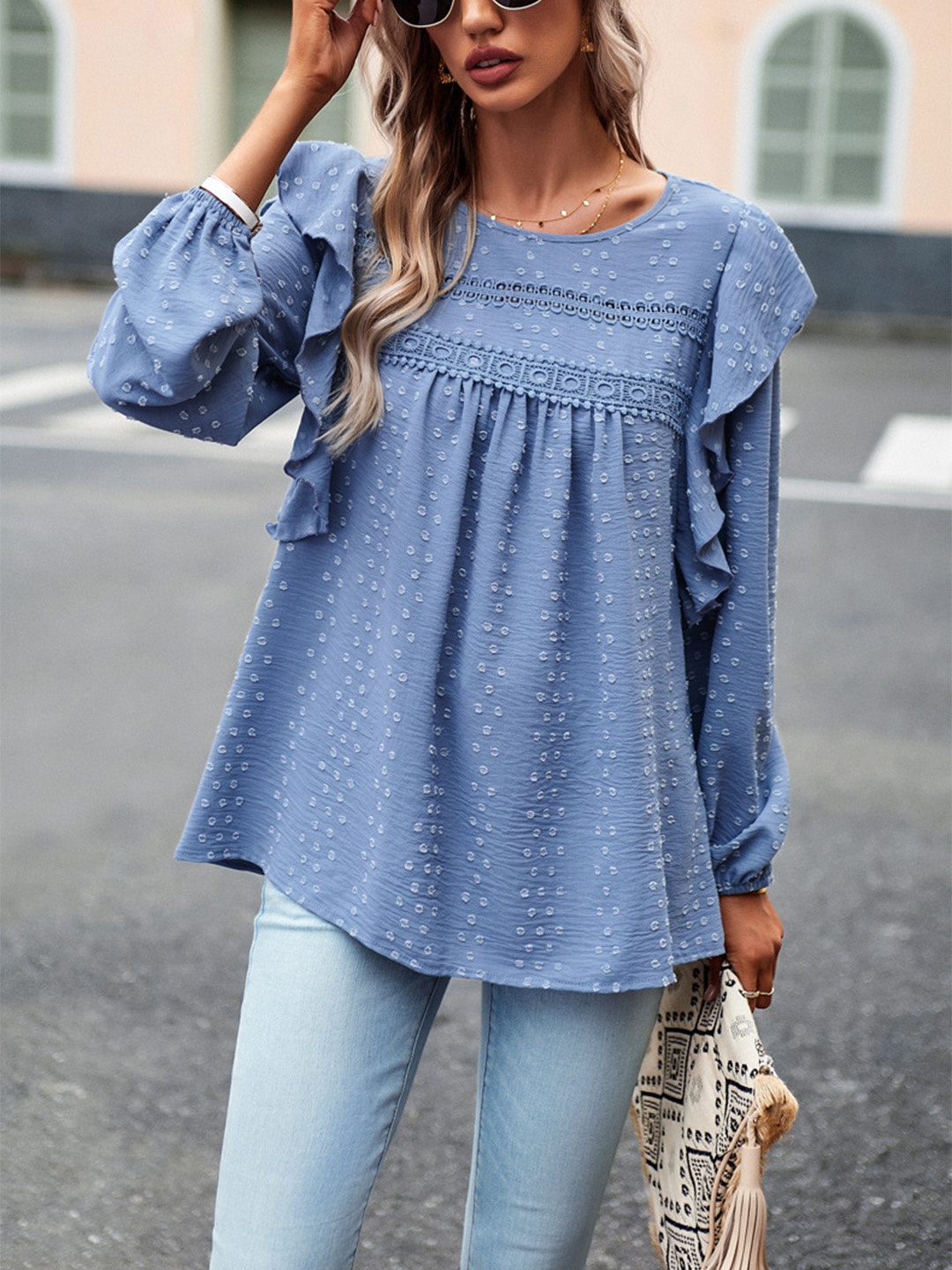 

BoStreet Blue Self Design Puff Sleeves Lace Inset Detail A-Line Top