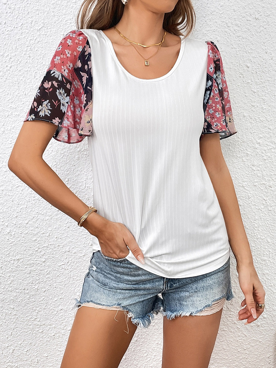 

StyleCast White Self Design Flared Sleeves Top